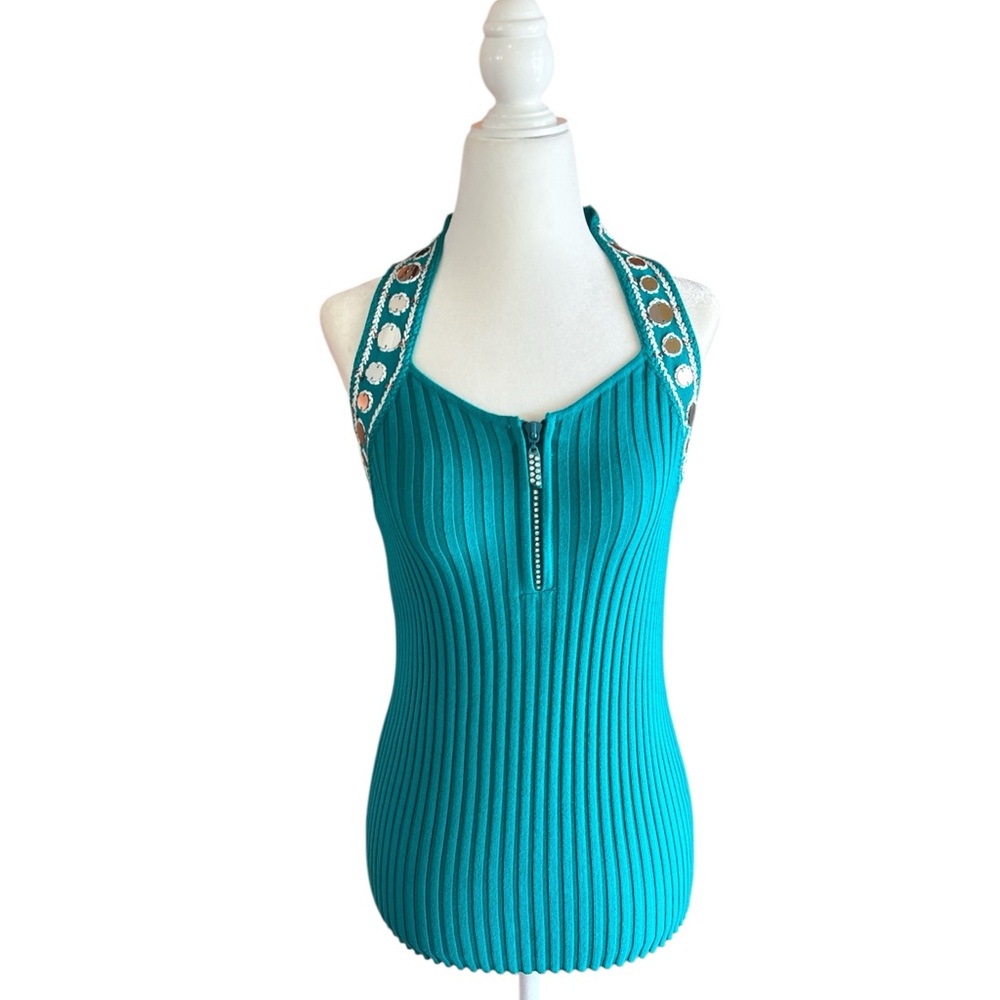 Belldini Teal Ribbed rhinestone Zip-Up Tank Top